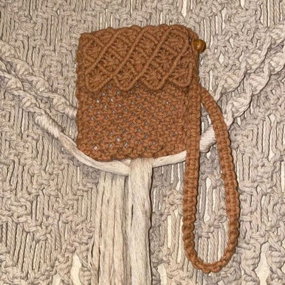 Handbags - Handmade Macrame Purse Tan Light Brown with Wooden Beads Fully Lined Crochet Bag